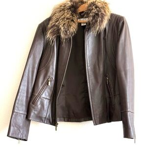 Women's Brown Leather Jacket with Removable  Real Fur Collar